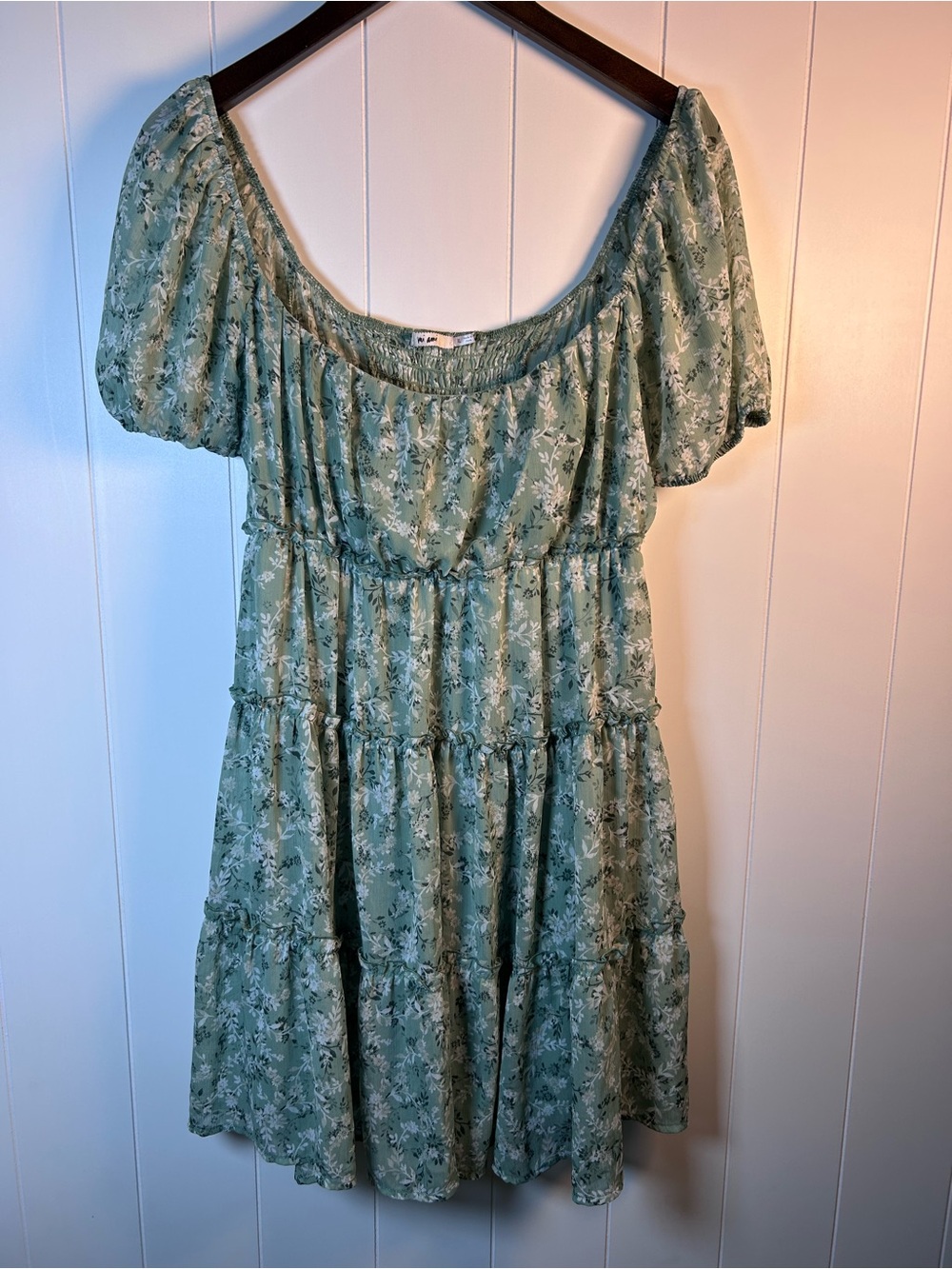 Mi Ami Sage Green Floral Puff Sleeve Smocked Mini Dress Size XL